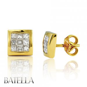 1.30 Ct E-F/VVS1-VVS2 Princess Invisible Diamonds Stud Earrings 18k Yellow Gold