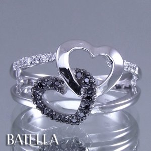 .19 Carat Black & White E-F VVS2 EX Cut Round Diamonds Heart Ring 14k White Gold