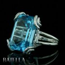 28.06 Ct Emerald Cut Swiss Blue Topaz VVS EX Gemstone Cocktail Ring 14K W Gold