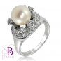 9 mm Cultured Pearl & White G-H/VVS2-VS1 Round Diamonds Engagement Ring 18k Gold