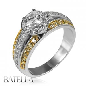 1.33 Ct F/SI2 & Fancy Yellow Round Diamond Engagement Ring White & Yellow Gold