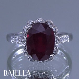 3.61 Ct Cushion Red Ruby Gemstone Round E-F/VVS2-VS Diamonds Ring 14K White Gold