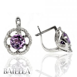 3.13 Ct VVS2 Amethyst Gemstone & Round Diamonds Flower Earrings 14k White Gold