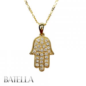 Judiaca .52 Ct G-H/VS1 EX Round Diamond Pave Hamsa Pendant Chain 14k Yellow Gold
