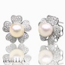 3.82 Ct Cultured Pearl & G-H/VS1-VS2 Round Cut Diamonds Earrings 18k White Gold