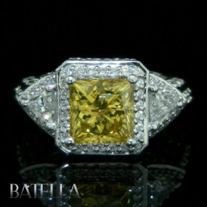 4.80 Carat Fancy Yellow SI2 Princess & Round Diamond 3-Stone Ring 14k White Gold