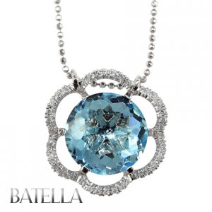 11.91 Carats Round Blue Topaz Gemstone & Natural Diamonds Pendant 18k White Gold