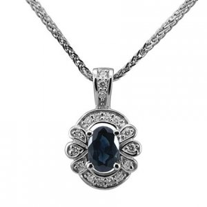 0.88 Ct Oval Blue Sapphire Gemstones & Natural Round Diamonds Pendant 14k W Gold