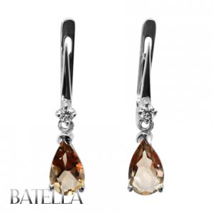1.96 Carat Pear VVS2 Smoky Topaz Gemstone Round Diamond Drop Earrings 18k W Gold