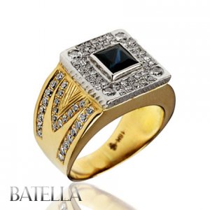 Men's 2.65 Carat VS1 Princess Blue Sapphire & Pave Round Diamonds 18k Y & W Gold
