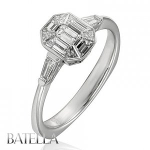 1.20 Ct E-F/VVS2-VS1 Emerald & Baguette Diamonds Engagement Ring 18k White Gold