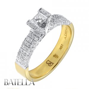 0.69 Ct D/VVS1 Princess & Round Pave Diamond Engagement Rings W & Y 18k Gold
