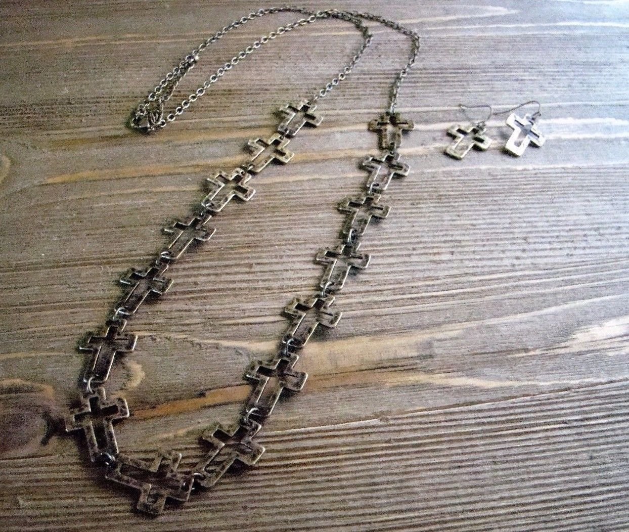 Burnish Gold Multi Cross 35" Long Necklace Earrings Set Boho Cowgirl Jewelry