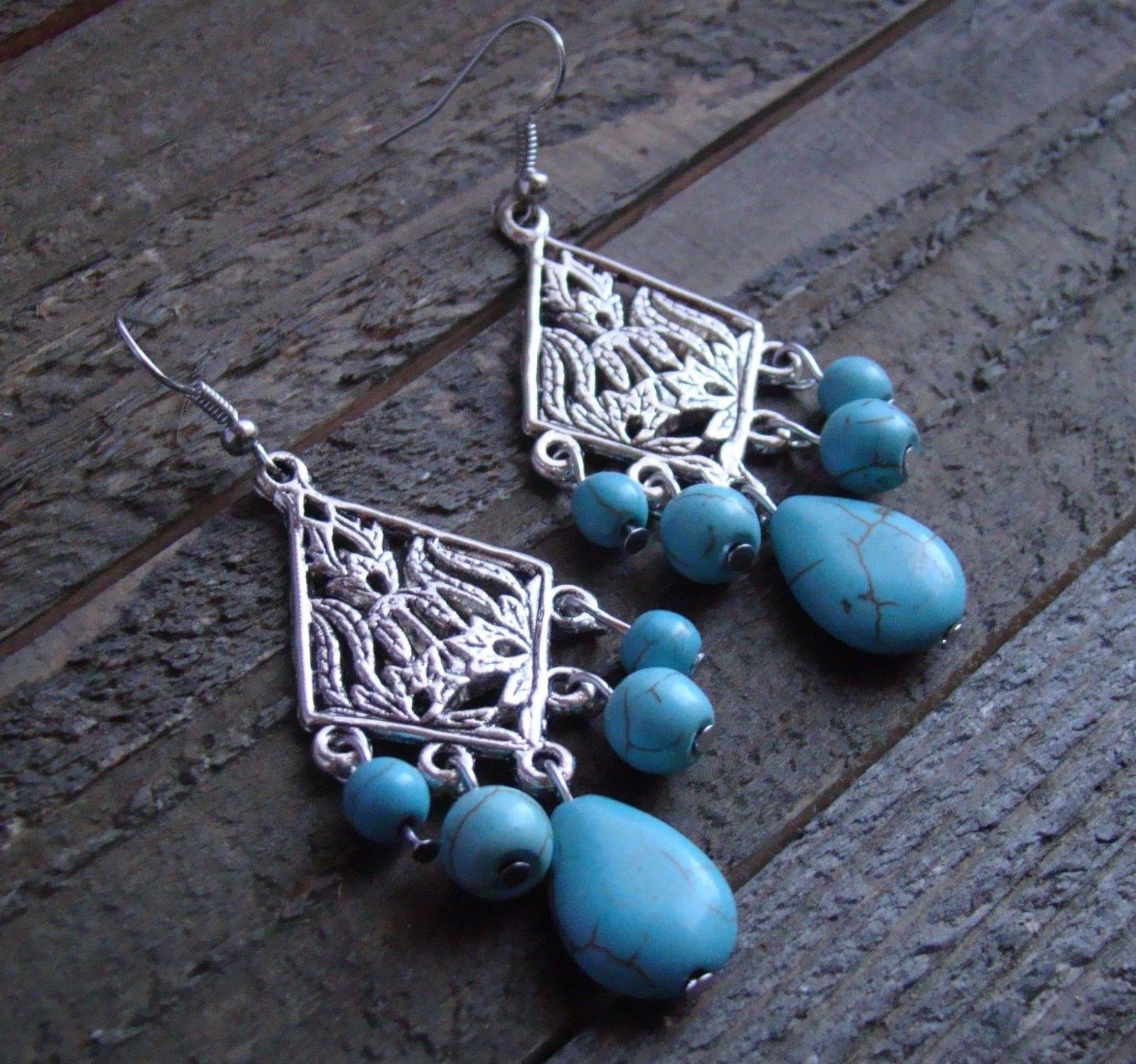 Turquoise Bead Chandelier Dangle Long Earrings Gypsy Cowgirl Fashion Jewelry