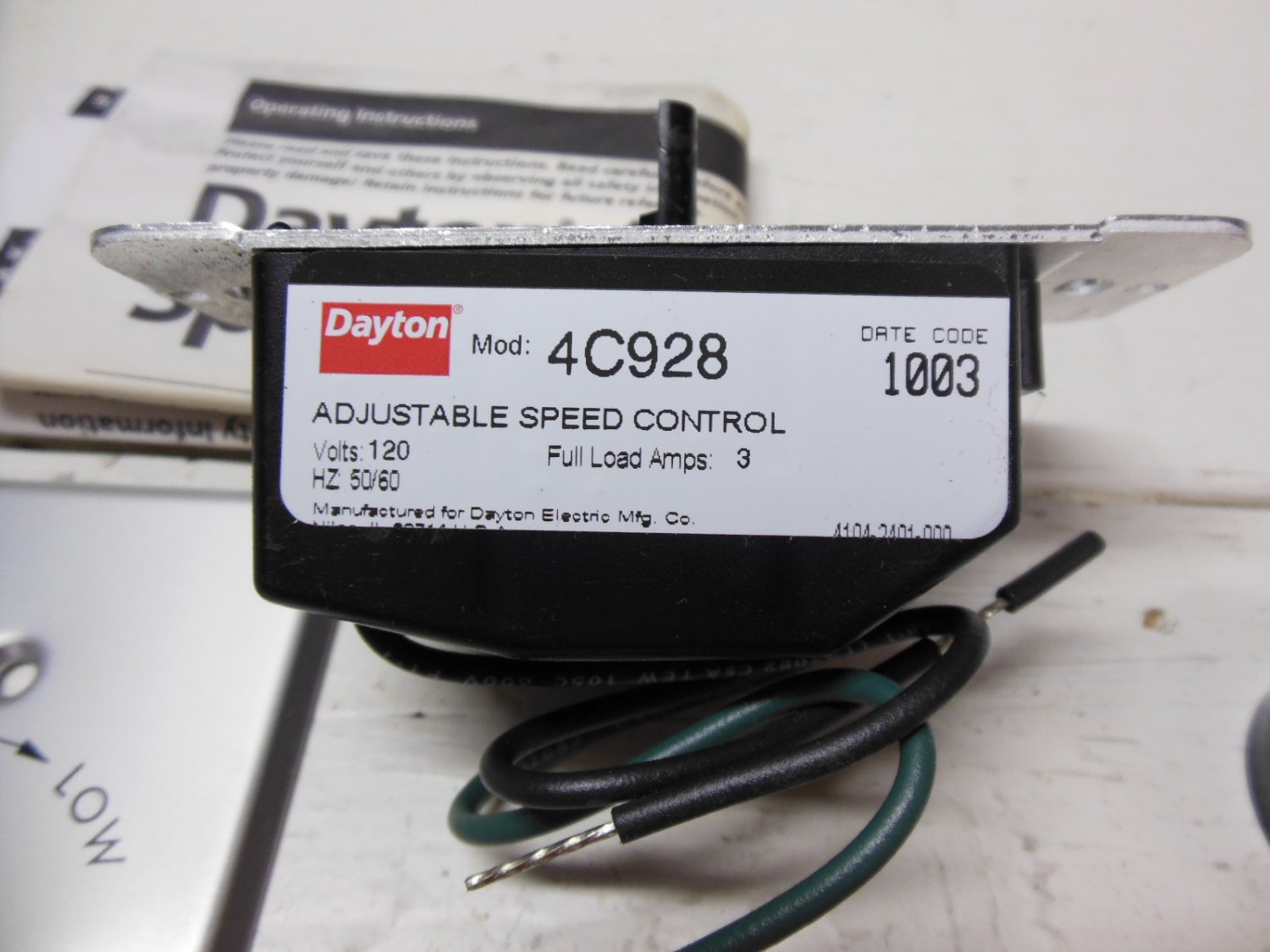 Dayton Grainger 4C928 Adjustable Solid State Speed Control 120 VAC 3