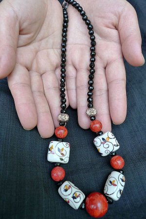 Black Onyx & Red Coral Necklace