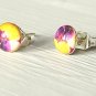 Purple Floral Earrings-small silver round stud post earrings-art resin jewelry