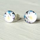 White Lotus Earrings-small silver round stud post earrings-art resin jewelry