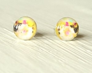 Yellow Floral Earrings-small silver round stud post earrings-art resin jewelry