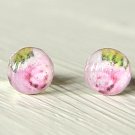 Pink Rose Earrings-small silver round stud post earrings-art resin jewelry
