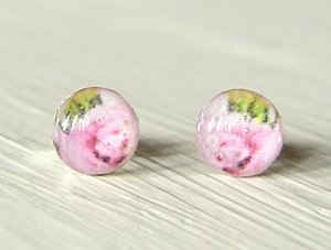 Pink Rose Earrings-small silver round stud post earrings-art resin jewelry