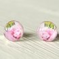 Pink Rose Earrings-small silver round stud post earrings-art resin jewelry