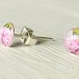 Pink Rose Earrings-small silver round stud post earrings-art resin jewelry
