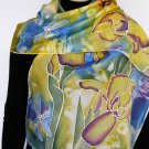 Hand painted Womens silk scarf Iris and Dragonflies FREE SHIPPING
