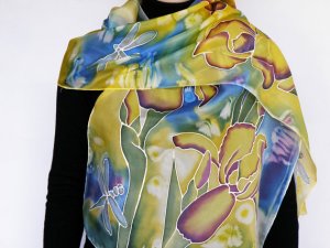 Hand painted Womens silk scarf Iris and Dragonflies FREE SHIPPING
