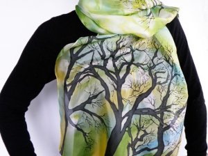 Hand painted Womens silk scarf Trees in the spring FREE SHIPPING