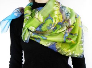 Hand painted Womens silk scarf kerchief Green Butterflies FREE SHIPPING
