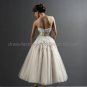 A-line Strapless Champagne Organza Wedding Dress Applique Lace Ankle Length Bridal Gown & Corset