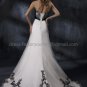 A-line Strapless White Organza Black Embroidery Wedding Dress Free Black Sash Bridal Gown
