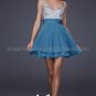 Blue Coral Chiffon Thin Straps V Neck Evening Dress Short Prom Dress Beaded Party Dress