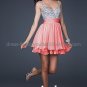 Blue Coral Chiffon Thin Straps V Neck Evening Dress Short Prom Dress Beaded Party Dress