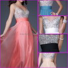 Blue Coral Chiffon Thin Straps V Neck Evening Dress Long Prom Dress Gown Beaded Party Dress