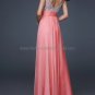 Blue Coral Chiffon Thin Straps V Neck Evening Dress Long Prom Dress Gown Beaded Party Dress