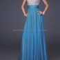 Blue Coral Chiffon Thin Straps V Neck Evening Dress Long Prom Dress Gown Beaded Party Dress