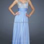 Blue Coral Chiffon Thin Straps V Neck Evening Dress Long Prom Dress Gown Beaded Party Dress