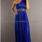 One Shoulder Blue Satin Bridal Evening Dress Bridesmaid Prom Dress Jeweled Formal Gown