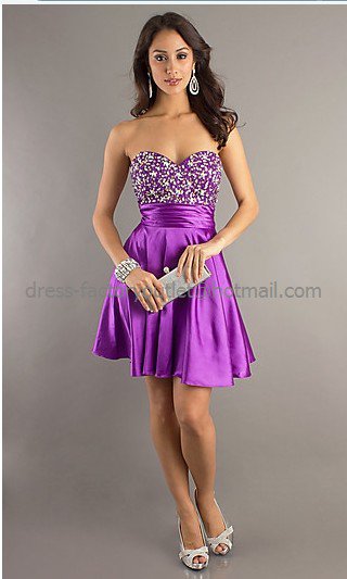 Strapless Sweetheart Short Evening Dress Purple SATIN Prom Dress Beaded ...