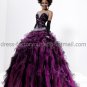 Strapless Purple Black Organza Bridal Ball Gown Beaded Cascading Ruffles A-line Quinceanera Dress