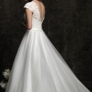 2012 Design Cap Sleeves Bridal Gown Champange Organza Alencon Lace Beading A-line Wedding Dress