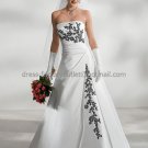Vintage Strapless Bridal Gwon White Satin Black Applique / Embroidery Beading A-line Wedding Dress