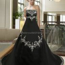 Strapless Bridal Gown Black Satin White Embroidery Beading A-line Wedding Dress