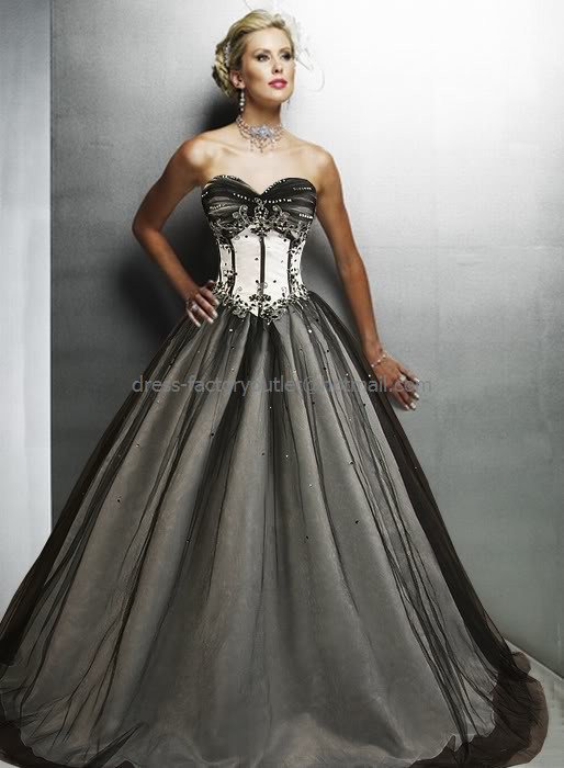 Strapless Sweetheart Bridal Gown Black Tulle White Satin Embroidery ...