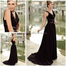 V-necline  Bridal Gown Ruffled  Black Chiffon Beading A-line Wedding Dress