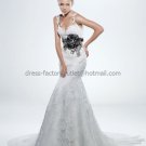 Spaghetti Straps Bridal Ball Gown Black Flower Sash White Alencon Lace Mermaid Wedding Dress