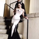 Gothic Strapless Bridal Ball Gown Black Lace White Satin Beading Mermaid Wedding Dress