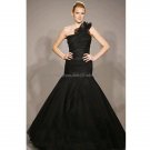 One Shoulder Bridal Ball Gown Pleated Black Satin Organza Mermaid Wedding Dress